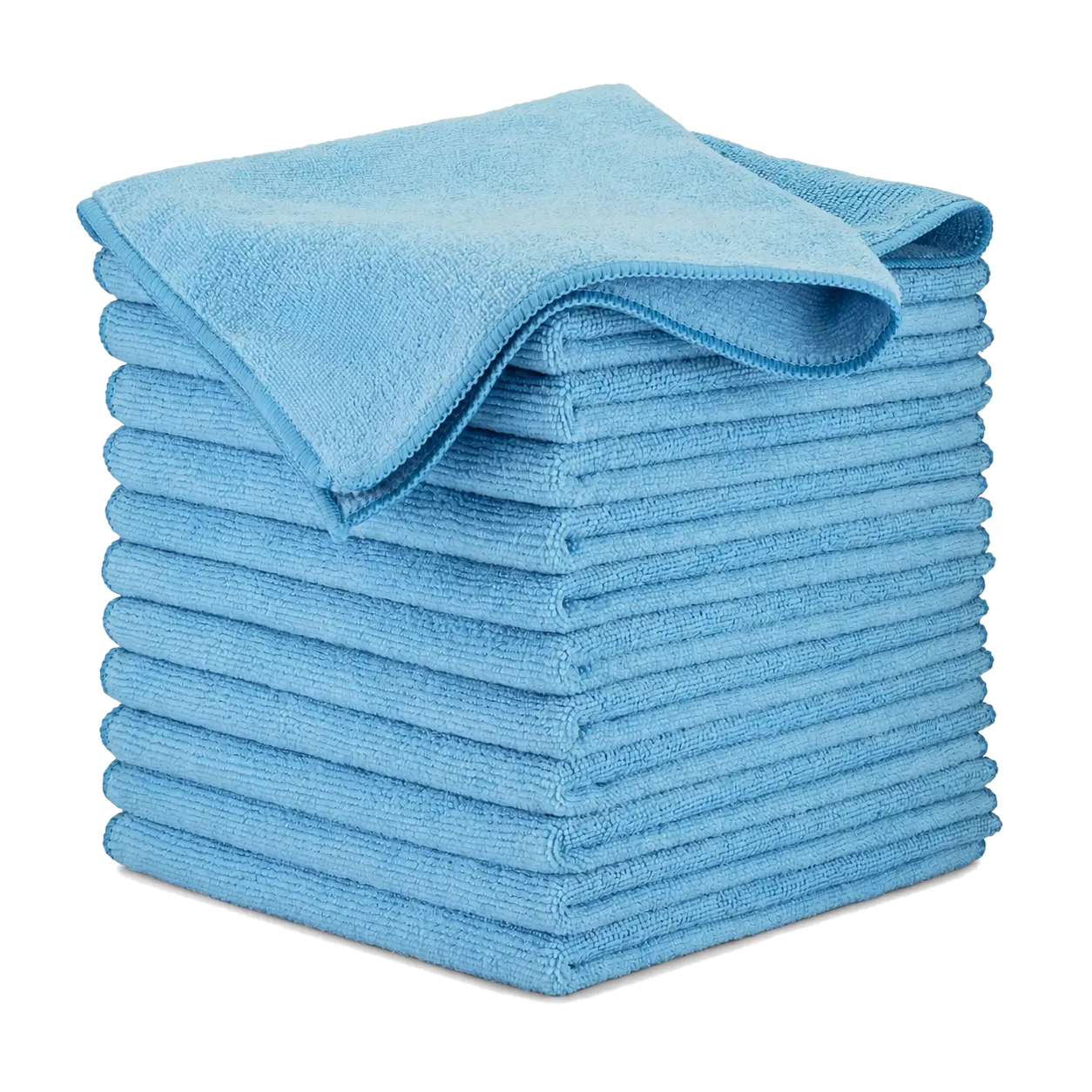 A stack of folded blue microfiber cloths