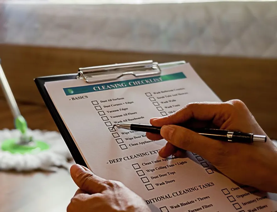 A Green Mop cleaner working through the printed cleaning checklist on a clipboard