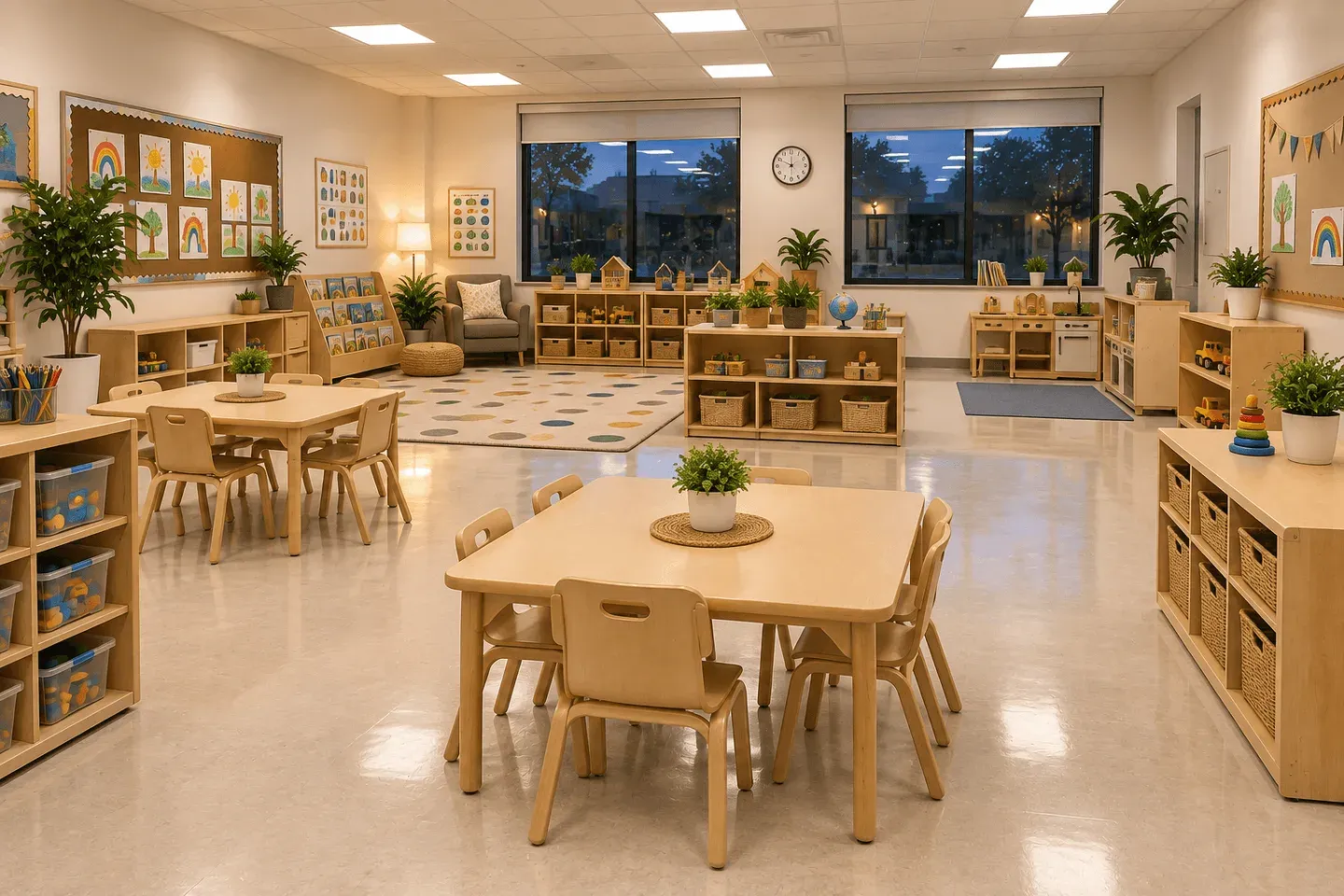 A preschool classroom after hours, small tables and chairs clean and set out, low shelving tidy, no children present