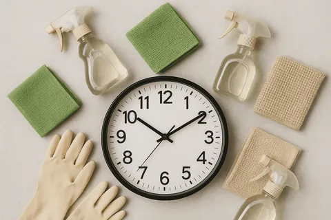 Flat lay of clock and eco-friendly cleaning tools representing time spent cleaning