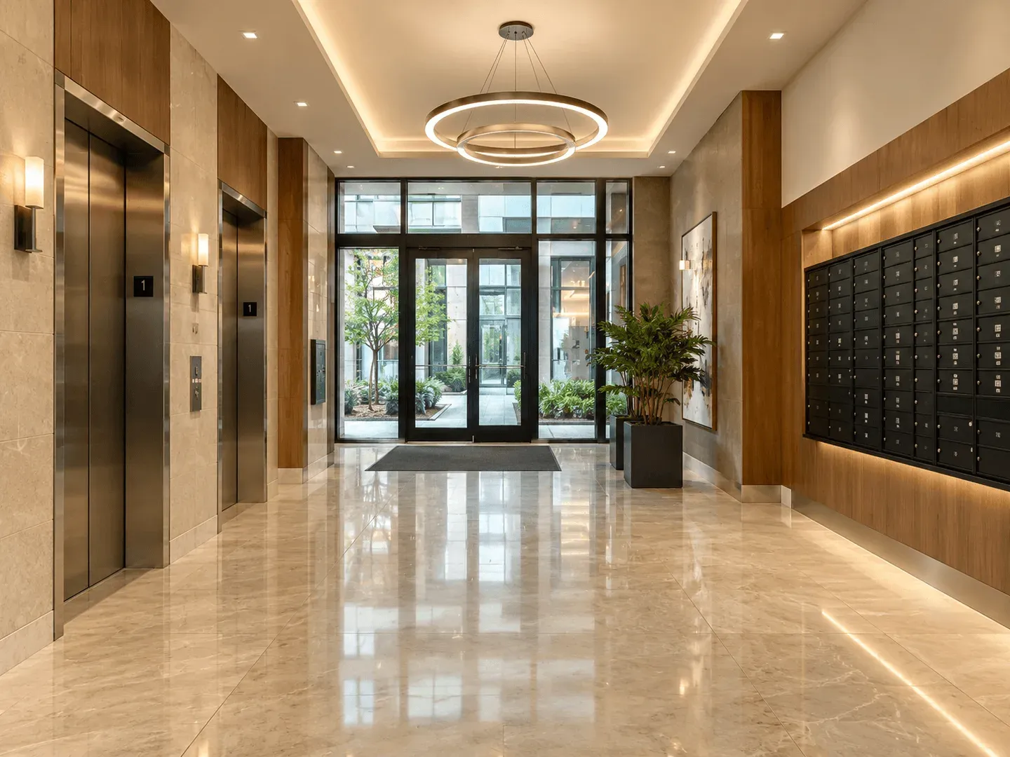 A clean apartment building lobby with elevator doors, a polished floor and mailboxes, empty of people
