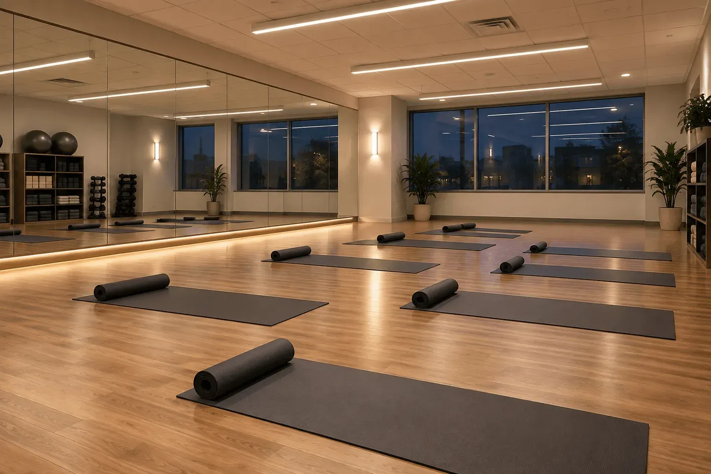 An empty fitness studio with mats rolled out on a clean wood floor, mirrors along one wall, no people in frame