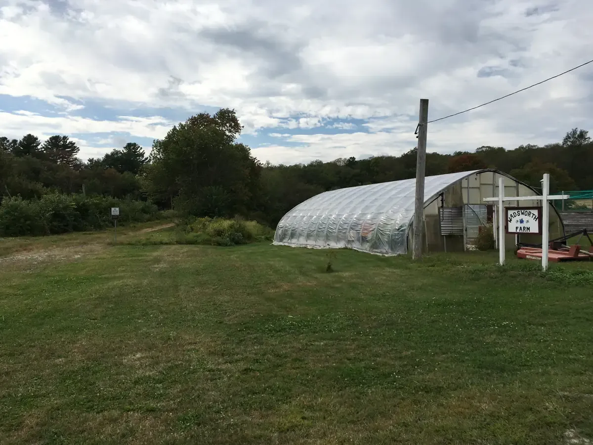 An open farm field with a greenhouse beside the Southern New England Trunkline Trail in Franklin