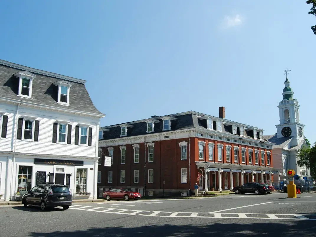 Historic brick and clapboard buildings around Grafton Common