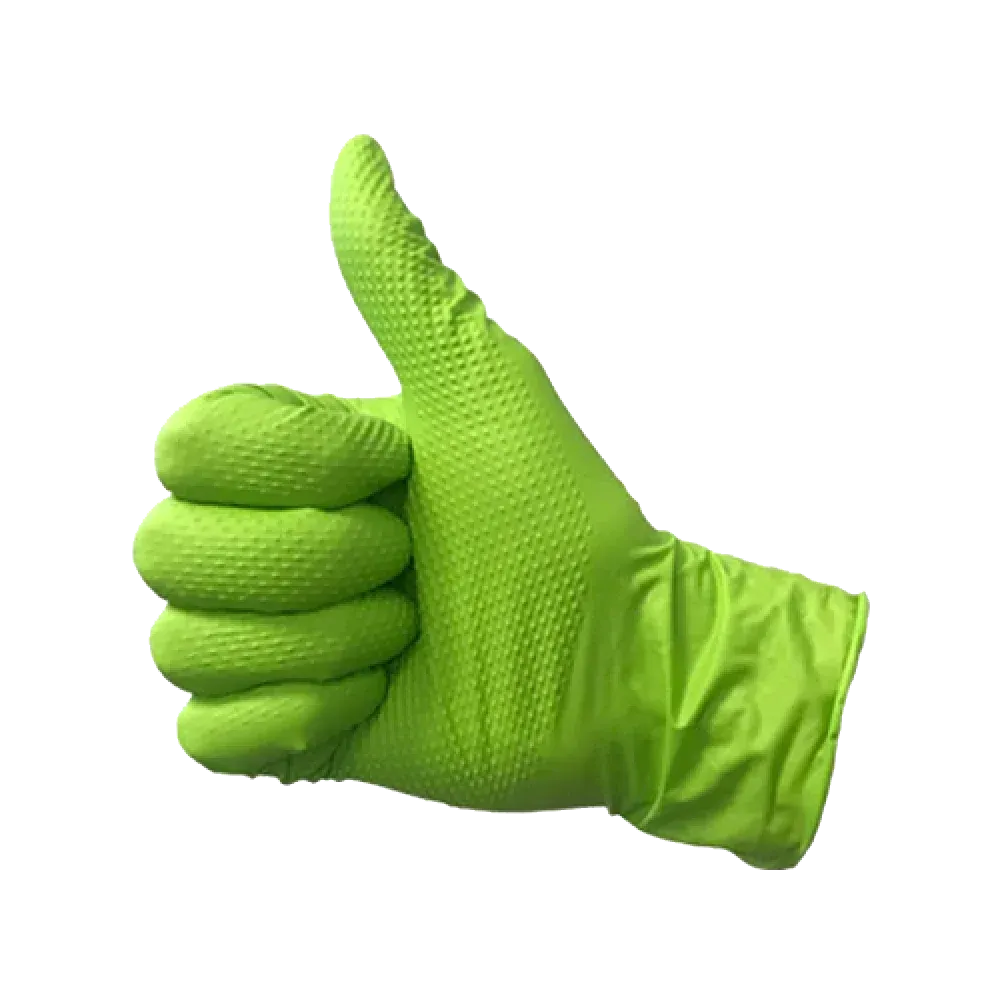 A green textured cleaning glove