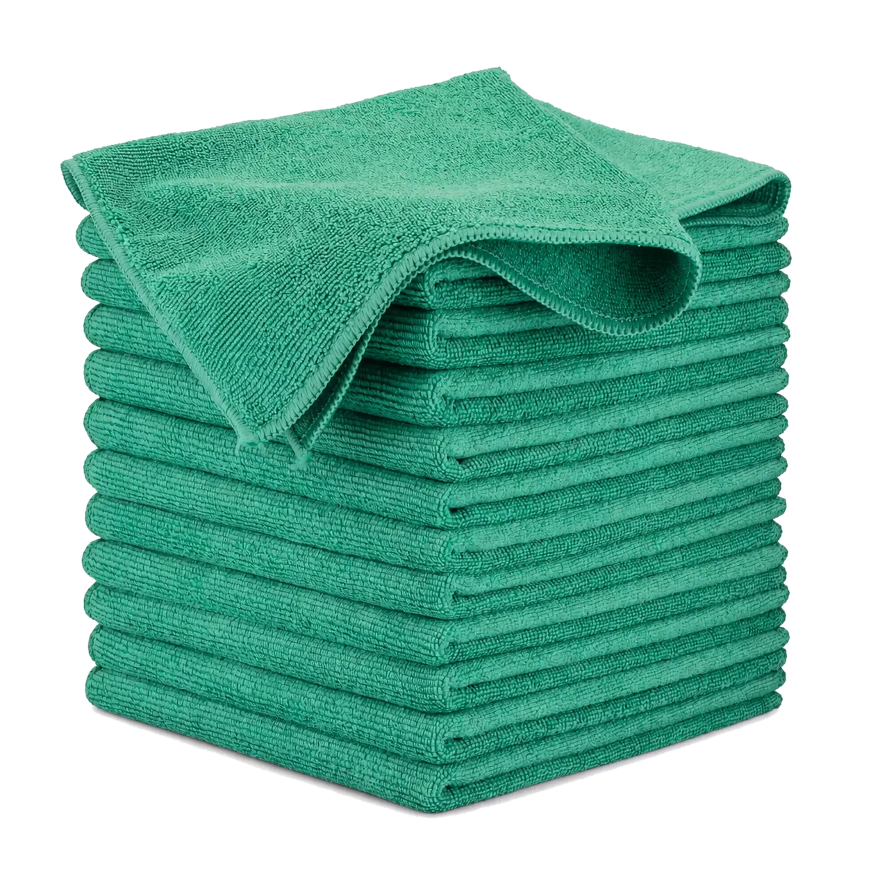 A stack of folded green microfiber cloths