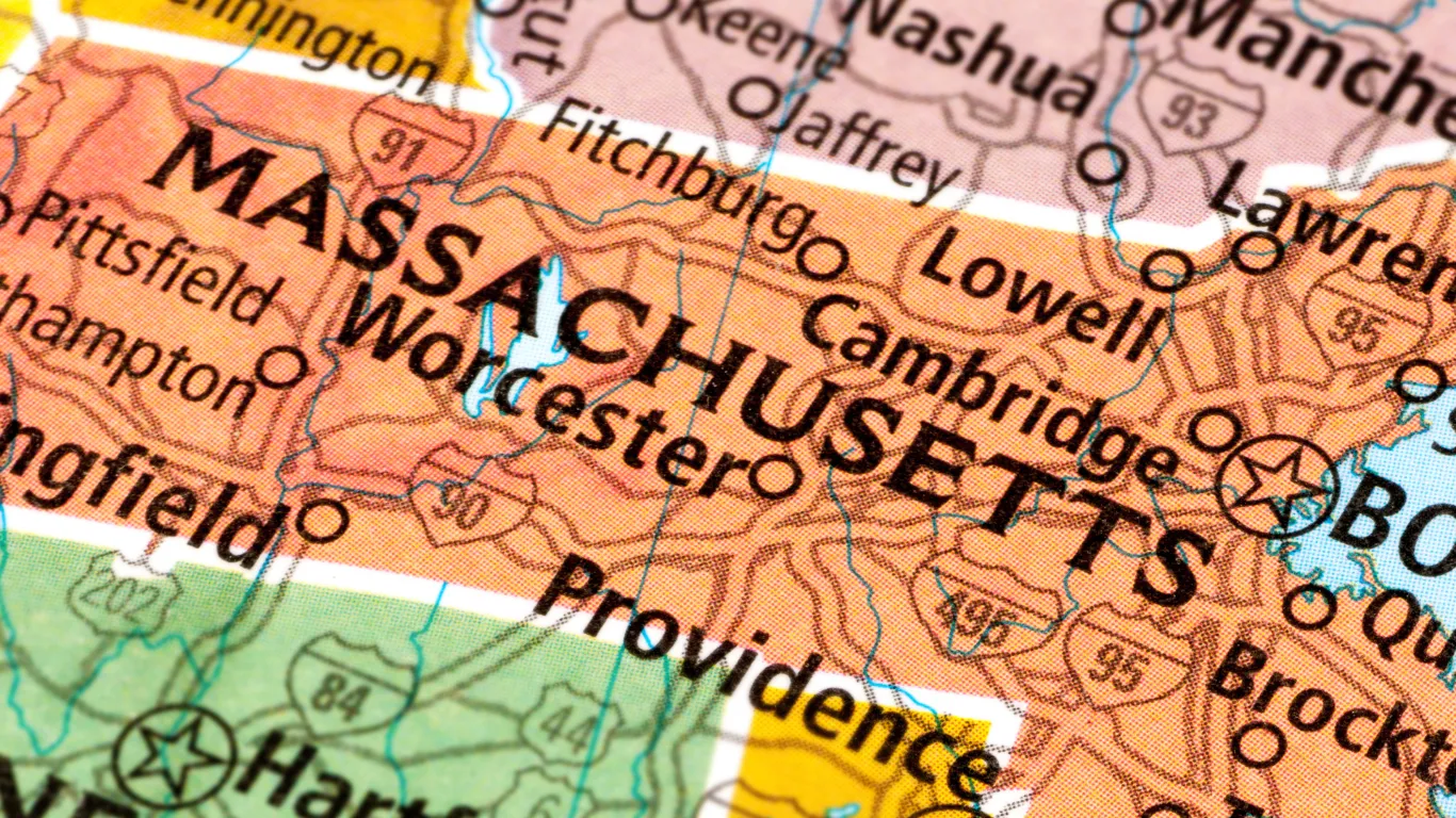 Close-up of a printed road map of Massachusetts