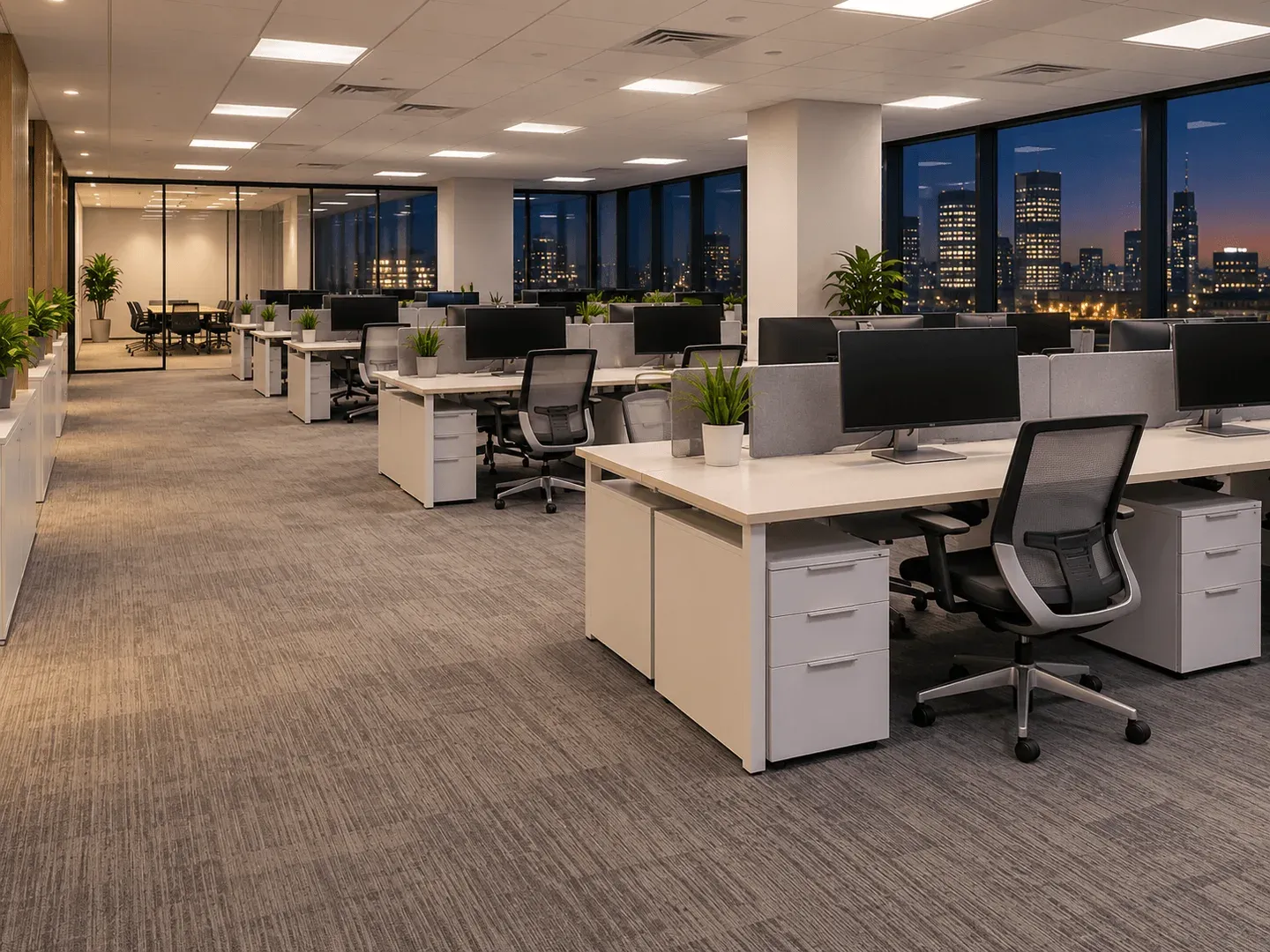 An open-plan office in the evening, desks clear and floors freshly vacuumed, lit by overhead lights with nobody at the desks