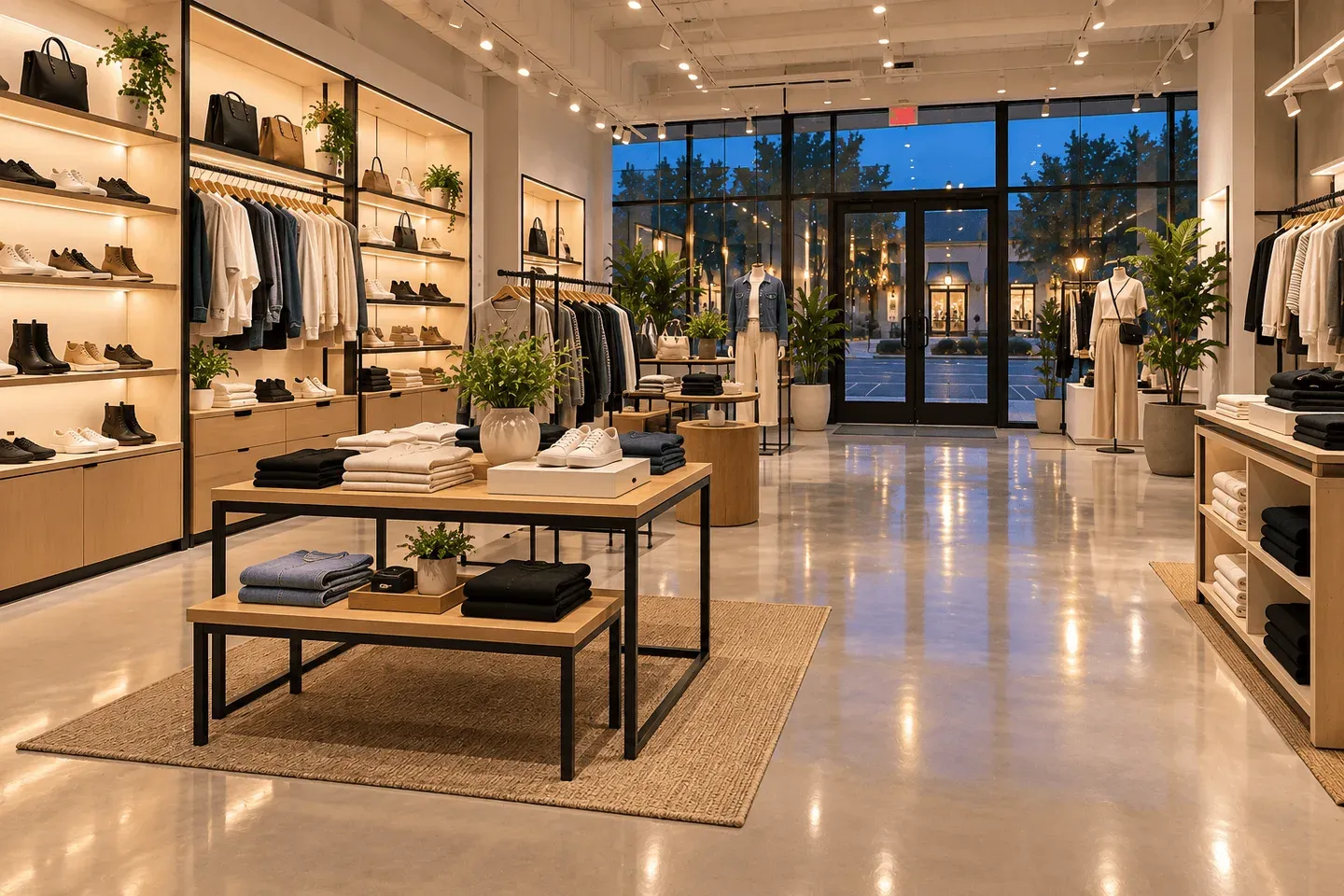A retail showroom before opening, lit display shelving, polished floor and clean front glass, no customers