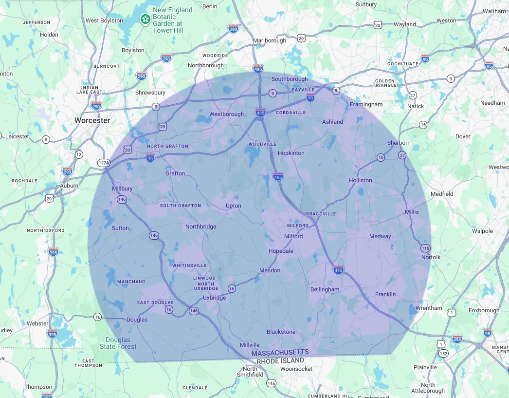 Map of the Green Mop service area across central Massachusetts, shown as a shaded circle