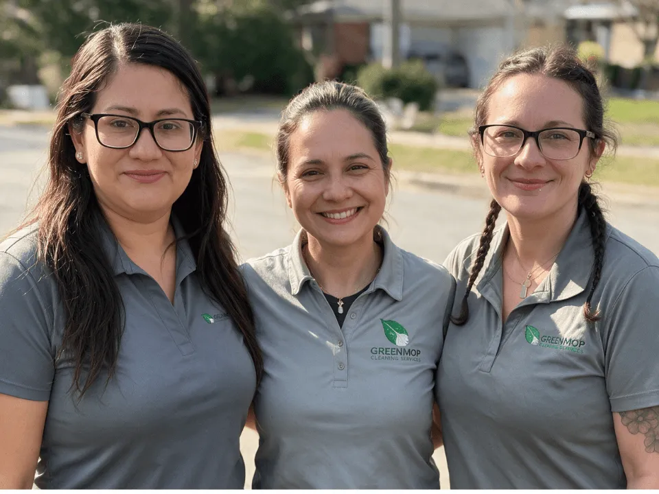 Three Green Mop cleaners in grey Green Mop polo shirts, standing together on a residential street